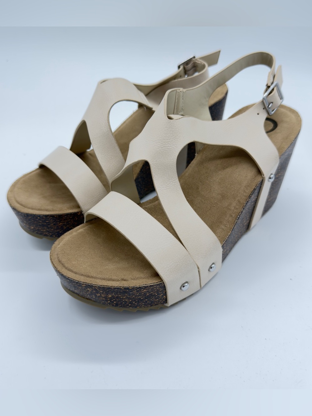 Journee Collection Cream Wedge Sandals with Cork-Style Platform